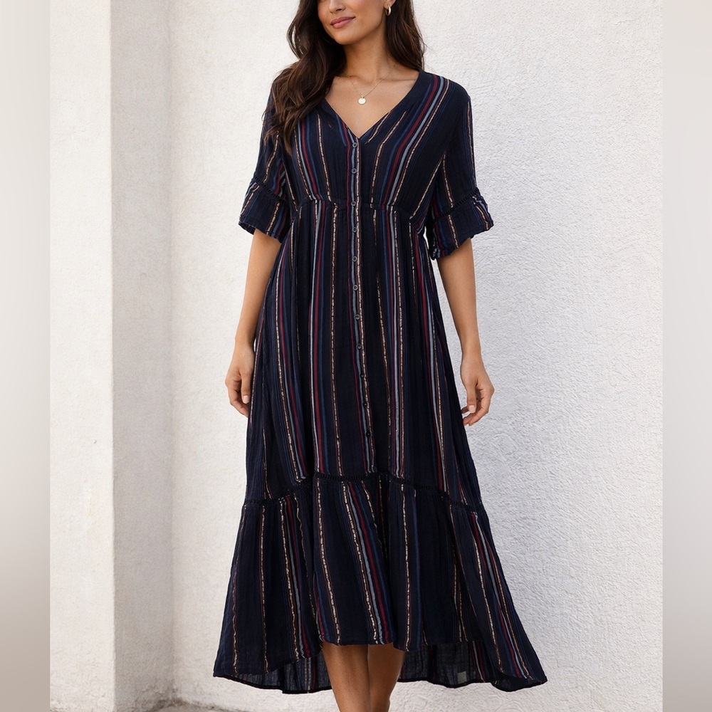 Sundry Navy Striped Button-Front Cotton Maxi Dress